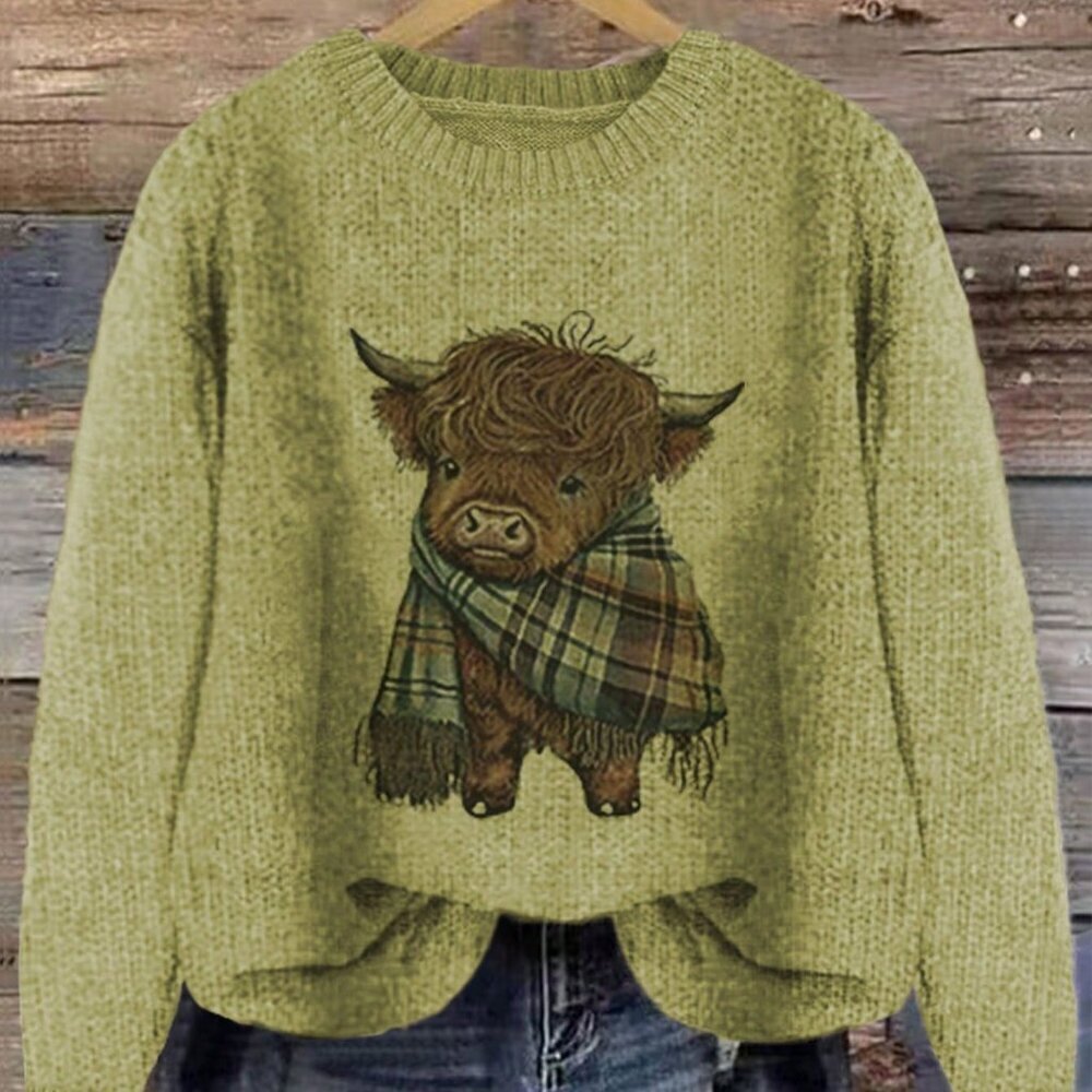 Casual Green Women's Cartoon Cow Print Crew Neck Pullover
